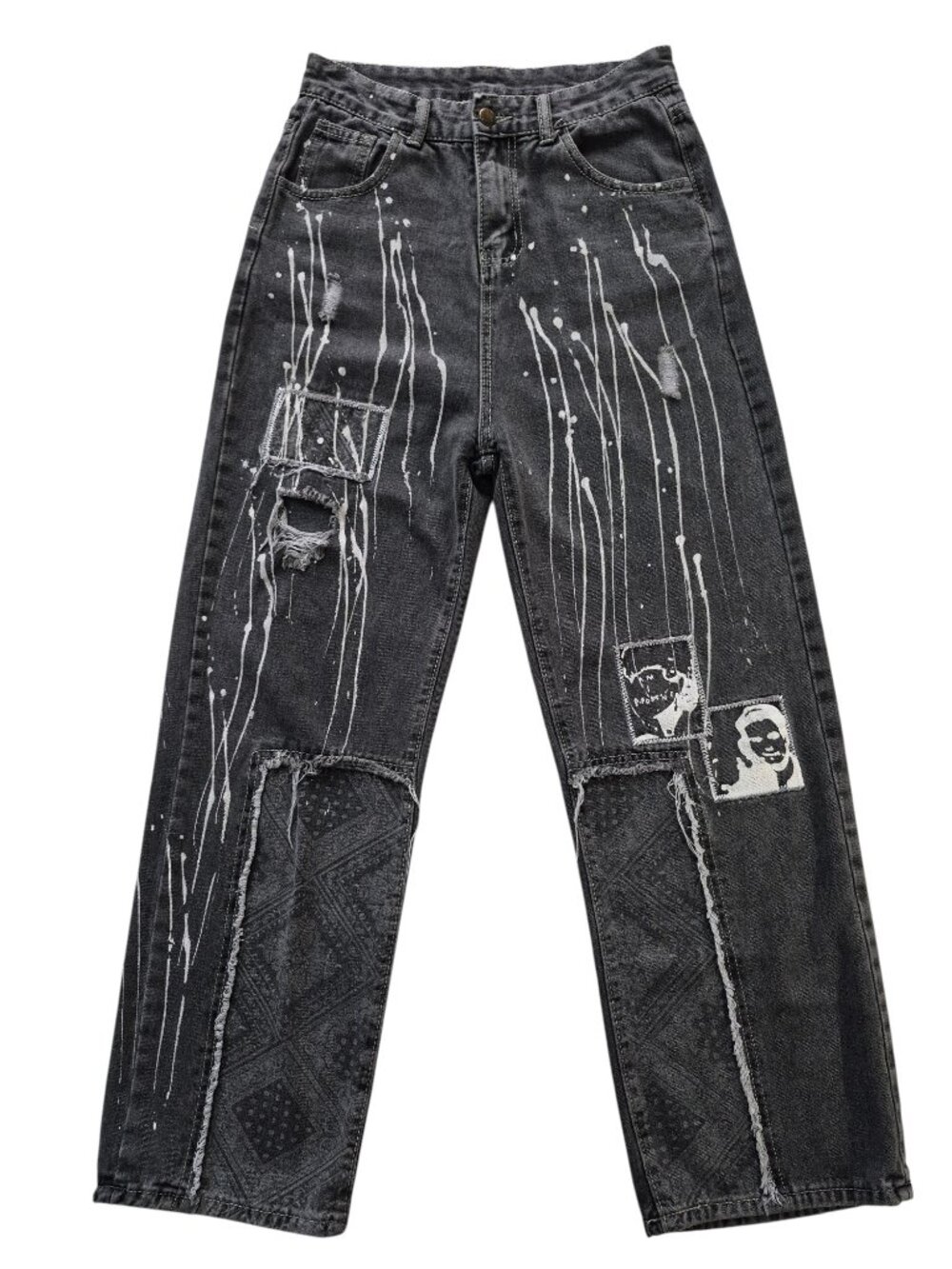 Artistic Paint Splatters Streetwear Black Wide Leg Hi Rise Cotton Jeans 4